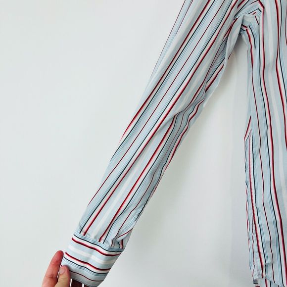 Etro Shirt M UK Blue Red Striped Cotton Tailored Long Sleeve Logo Classic - Picture 5 of 12